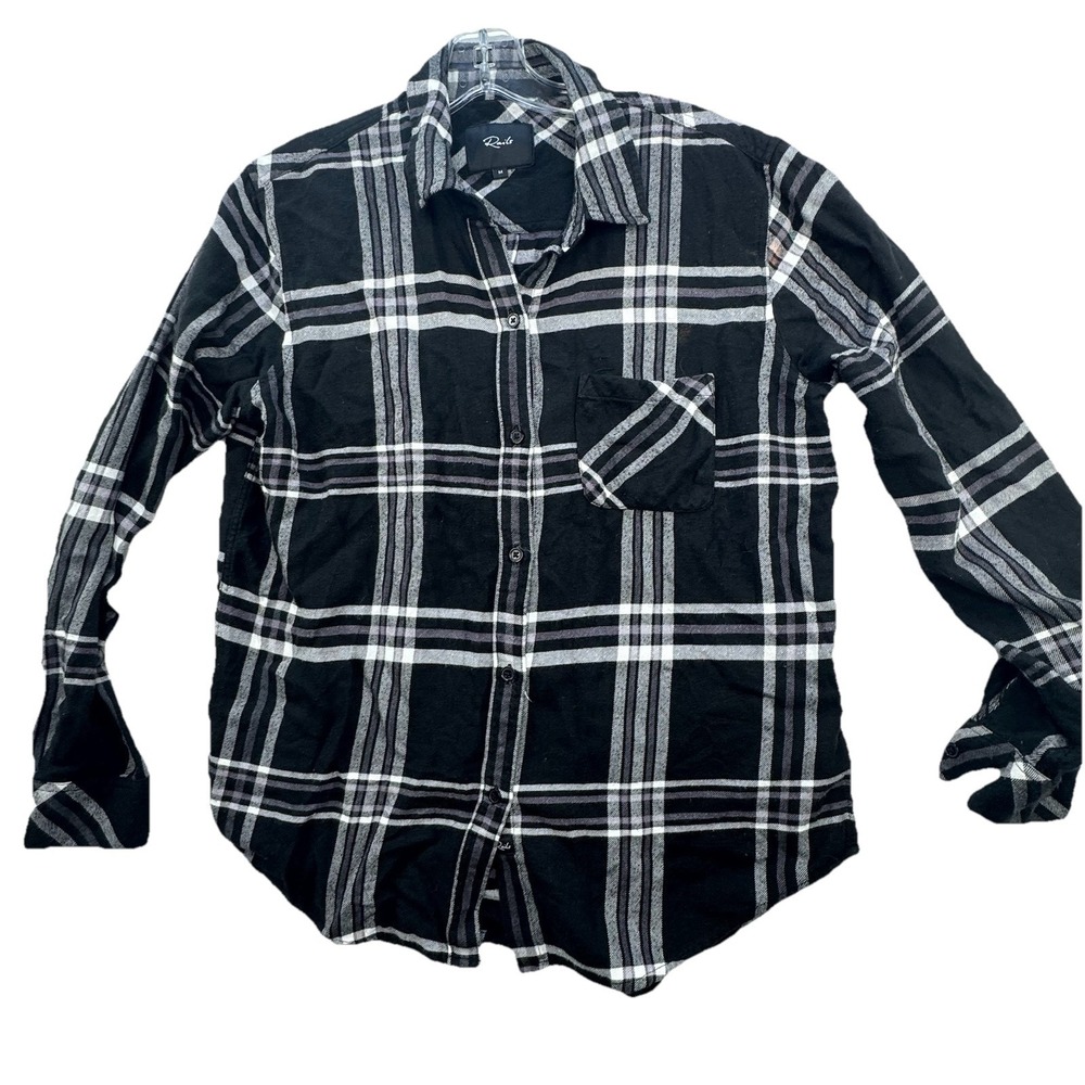 Rails Milo Button Up Shirt Women's Medium‎ Black Ivory Plaid Cowgirl LS **Flaw